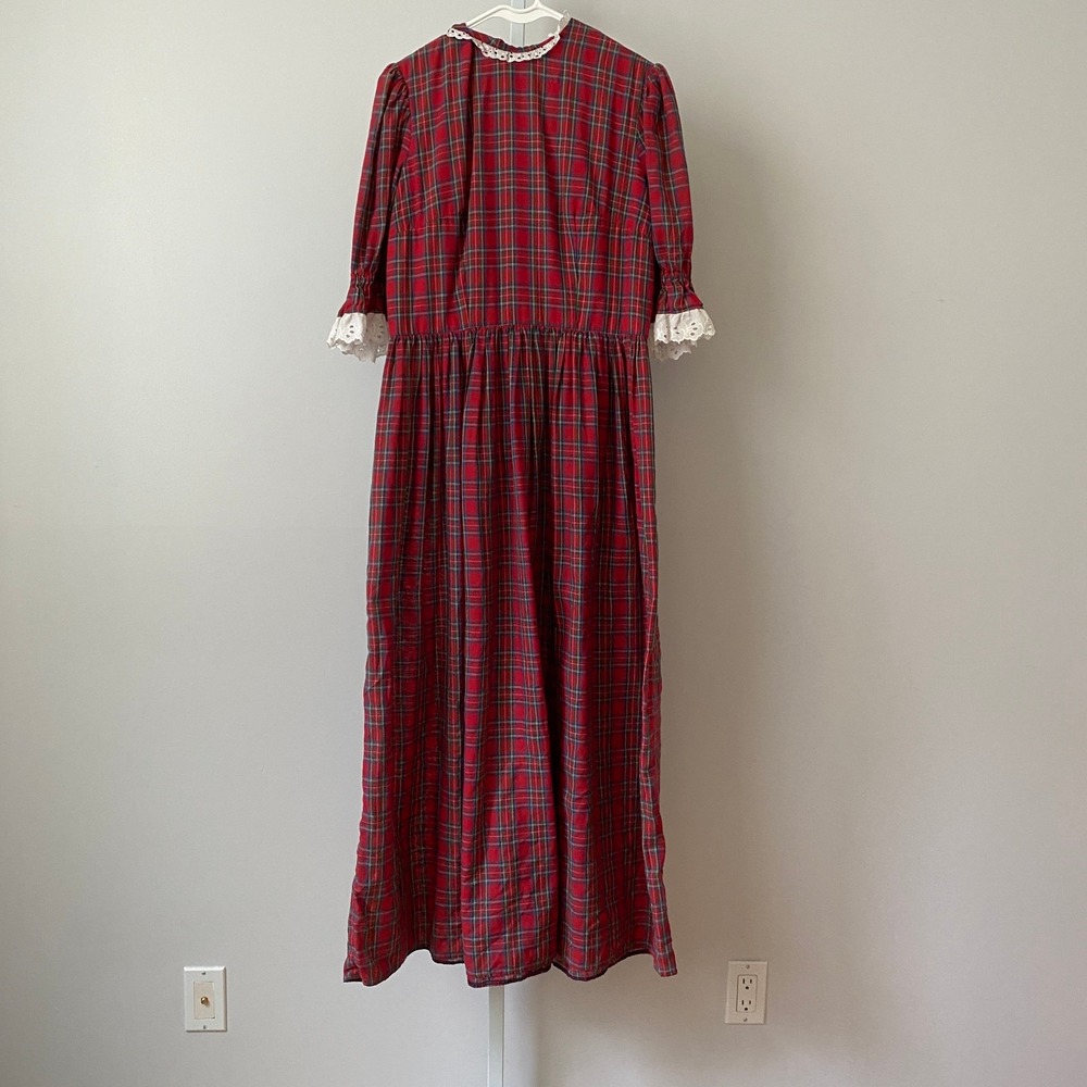 Cottage Cotton Prairie Peasant Lace Trim Plaid Maxi Dress Red